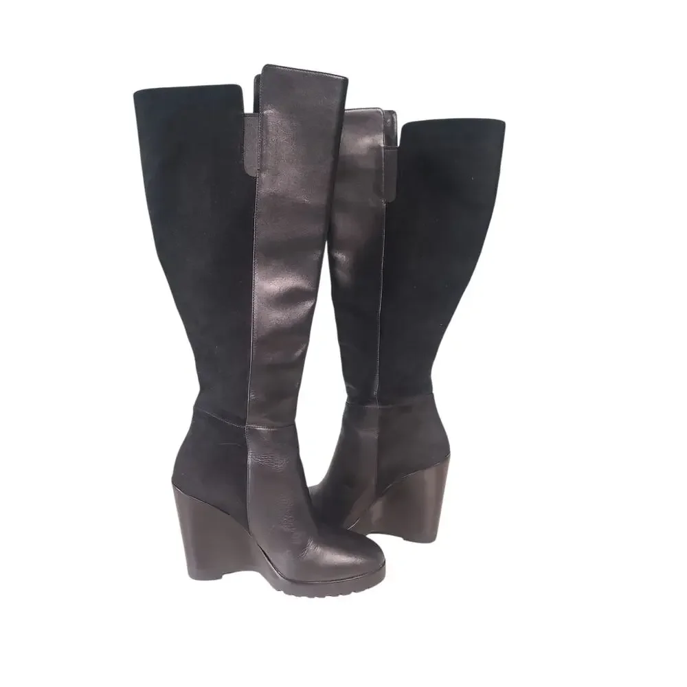 Michael Kors Clara Black Wedge Boots Size 6 GUC 15" Shaft Vachetta Leather - Picture 4 of 9